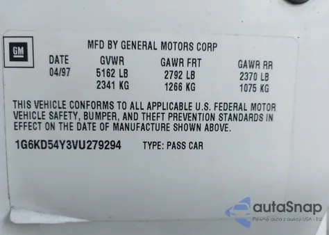 1997 Cadillac Deville Standard z USA, uszkodzony, nr VIN 1G6KD54Y3VU279294